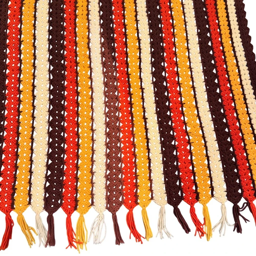 Vintage Handmade Vertical Striped Crochet Throw Blanket Retro‎ Tassels Flawed
